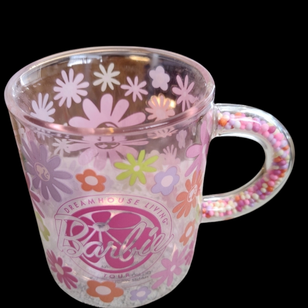 Barbie Truck Tour Glass Mug Floral Design Handle Color Beads Official Box EUC